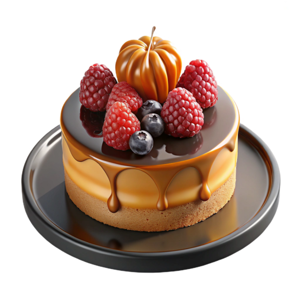 Gourmet Caramel Cake with Berries and Autumn Decor png