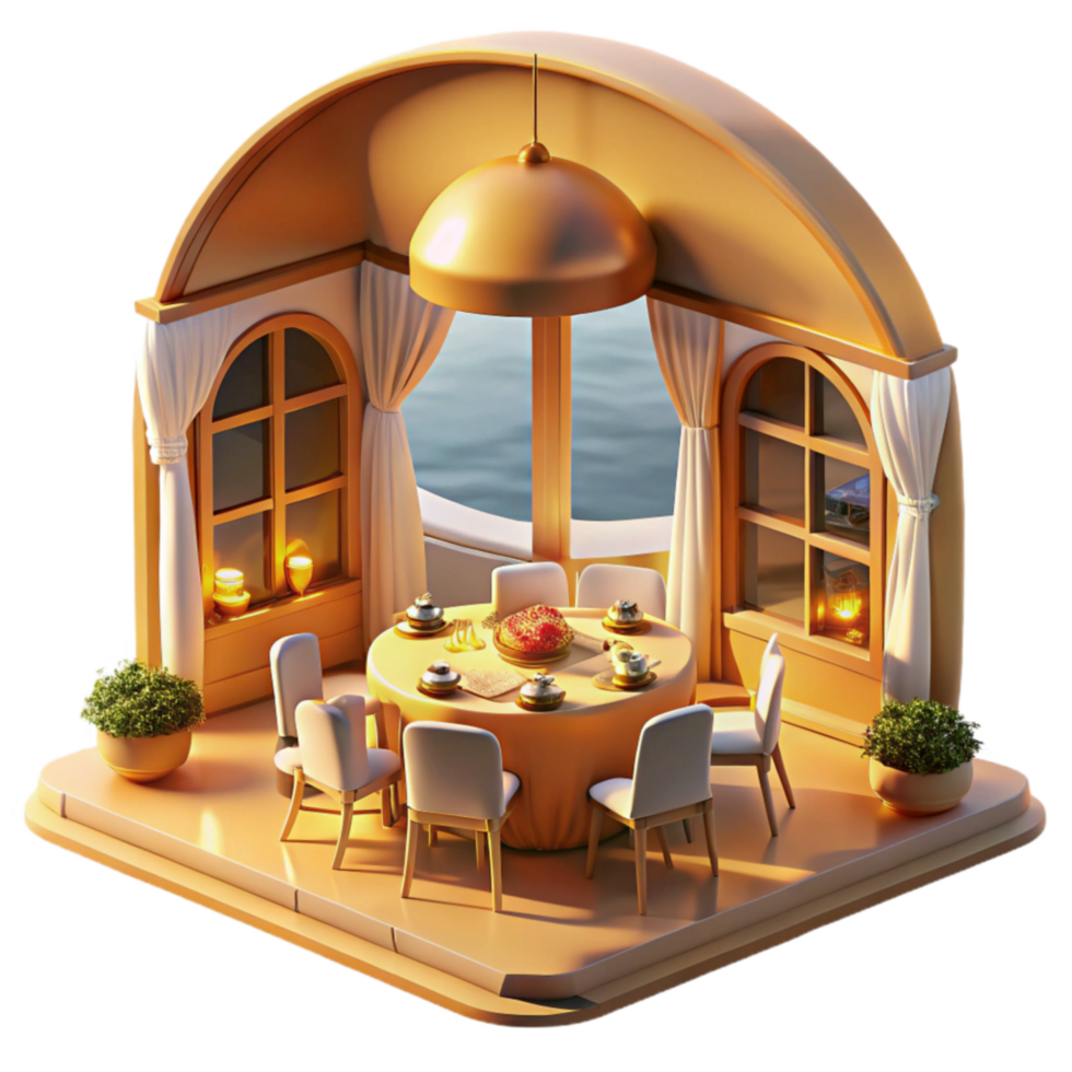 Scenic Dining Room Ocean View, Elegant Table Setting png