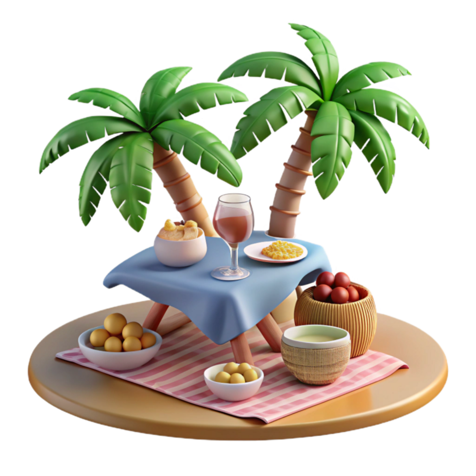 Tropical Picnic Snacks, Wine, and Palm Trees png
