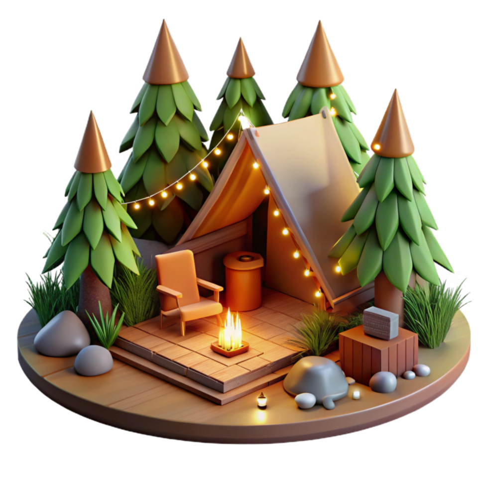 Cozy Campsite 3D Render of a Tent in the Woods png