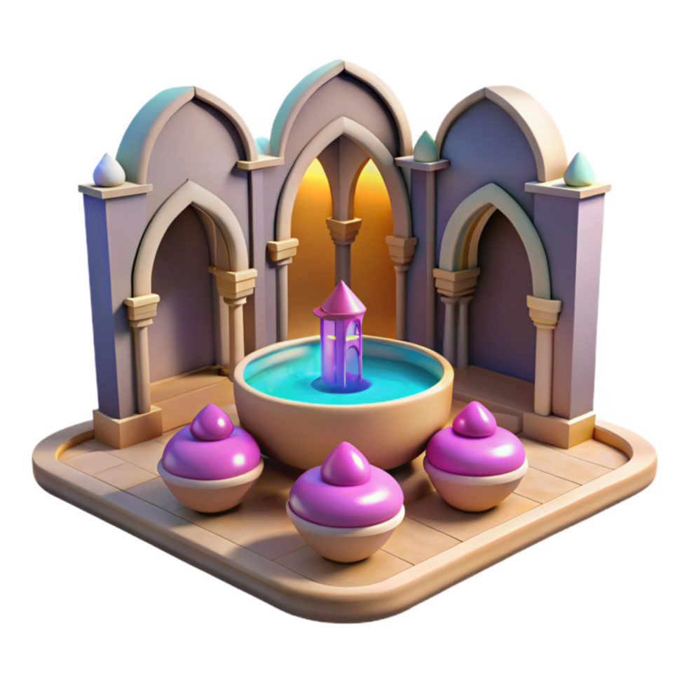 3d render sereno pátio fonte com arcos png