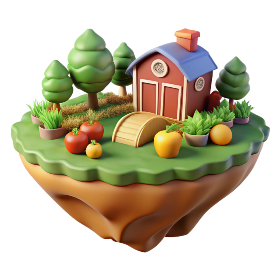 Farmhouse on Floating Island 3D Render of Idyllic Rural Scene png