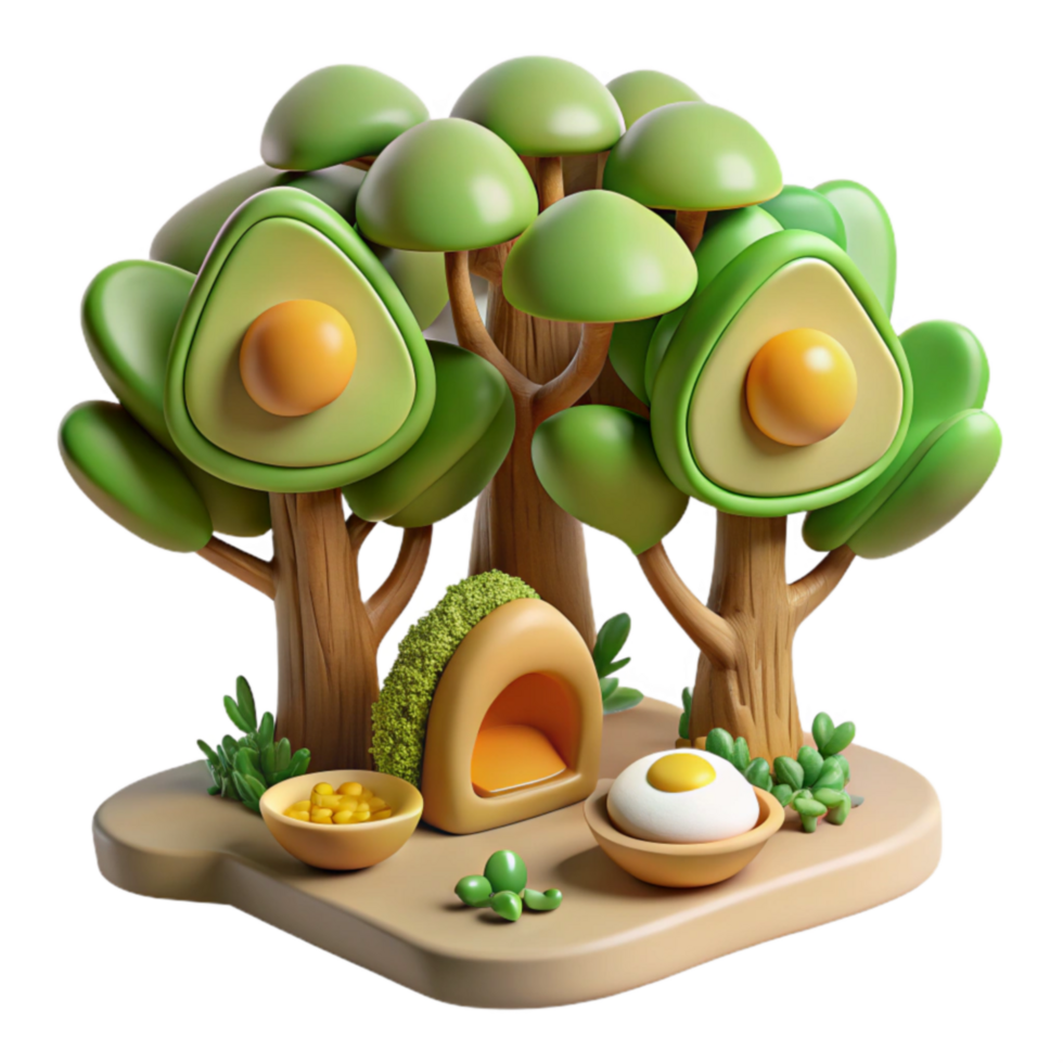 Avocado Trees, Sunny-Side Up Egg, and Corn 3D Render png