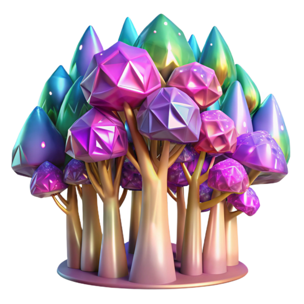 Enchanted Crystal Forest A 3D Render of Iridescent Trees png