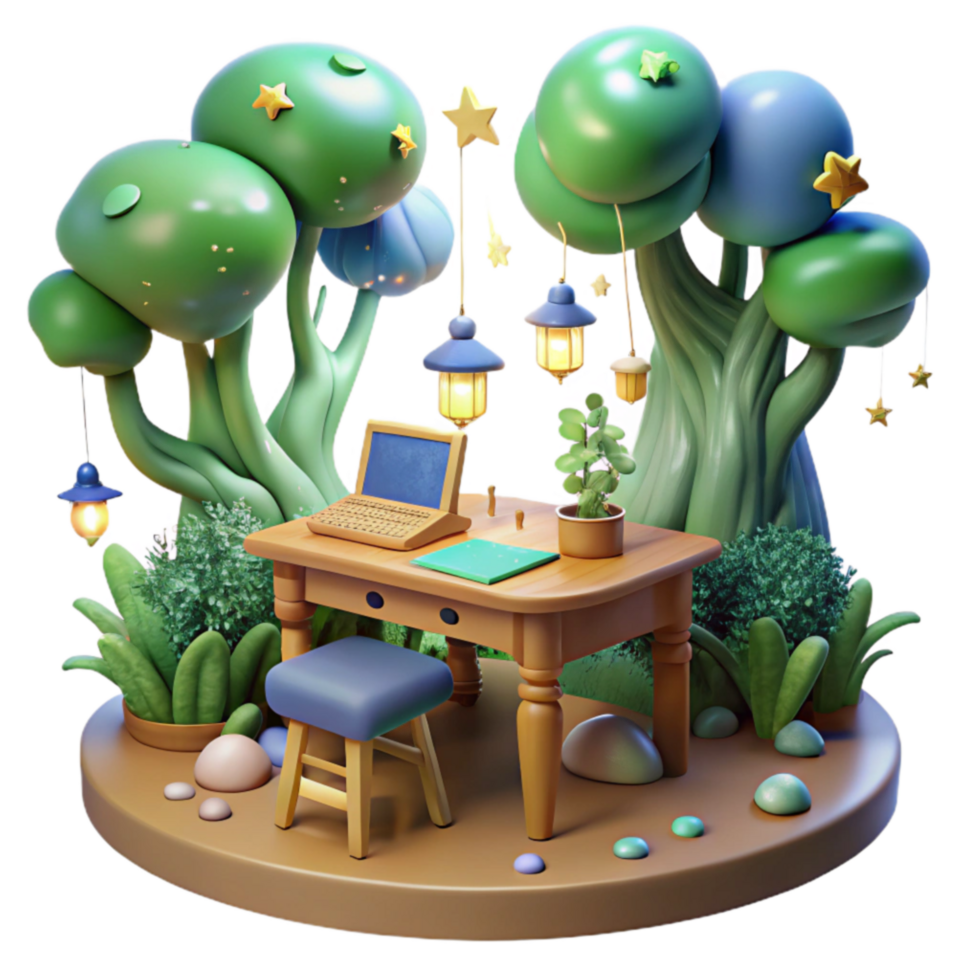 Enchanted Desk 3D Render of Fantasy Workspace png