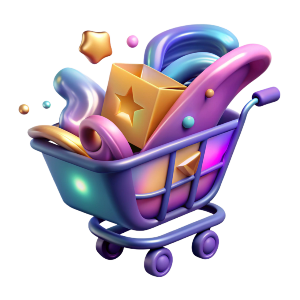Shopping Cart 3D Render Colorful Abstract E-commerce Design png
