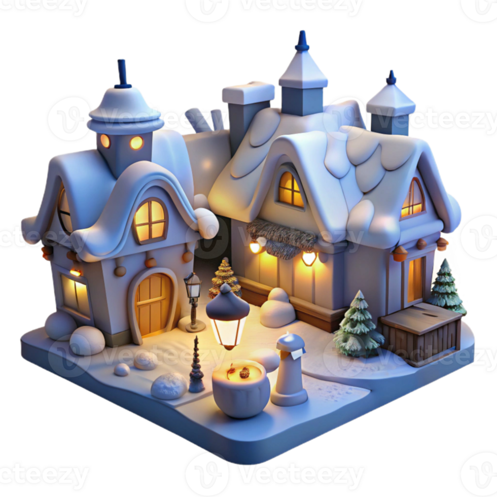 Enchanted Winter Village 3D Render of Cozy Snow Houses png