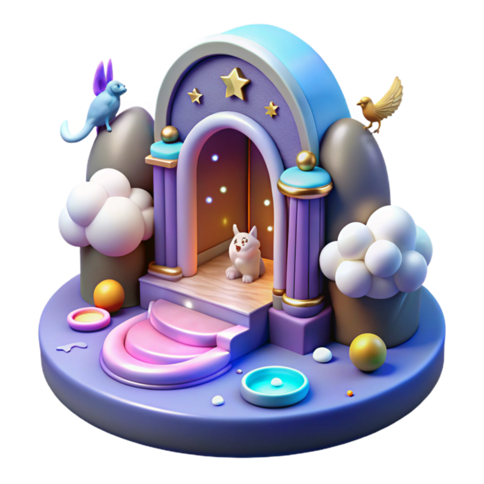 Fantasy Cat House 3D Render of Magical Kitten Scene png