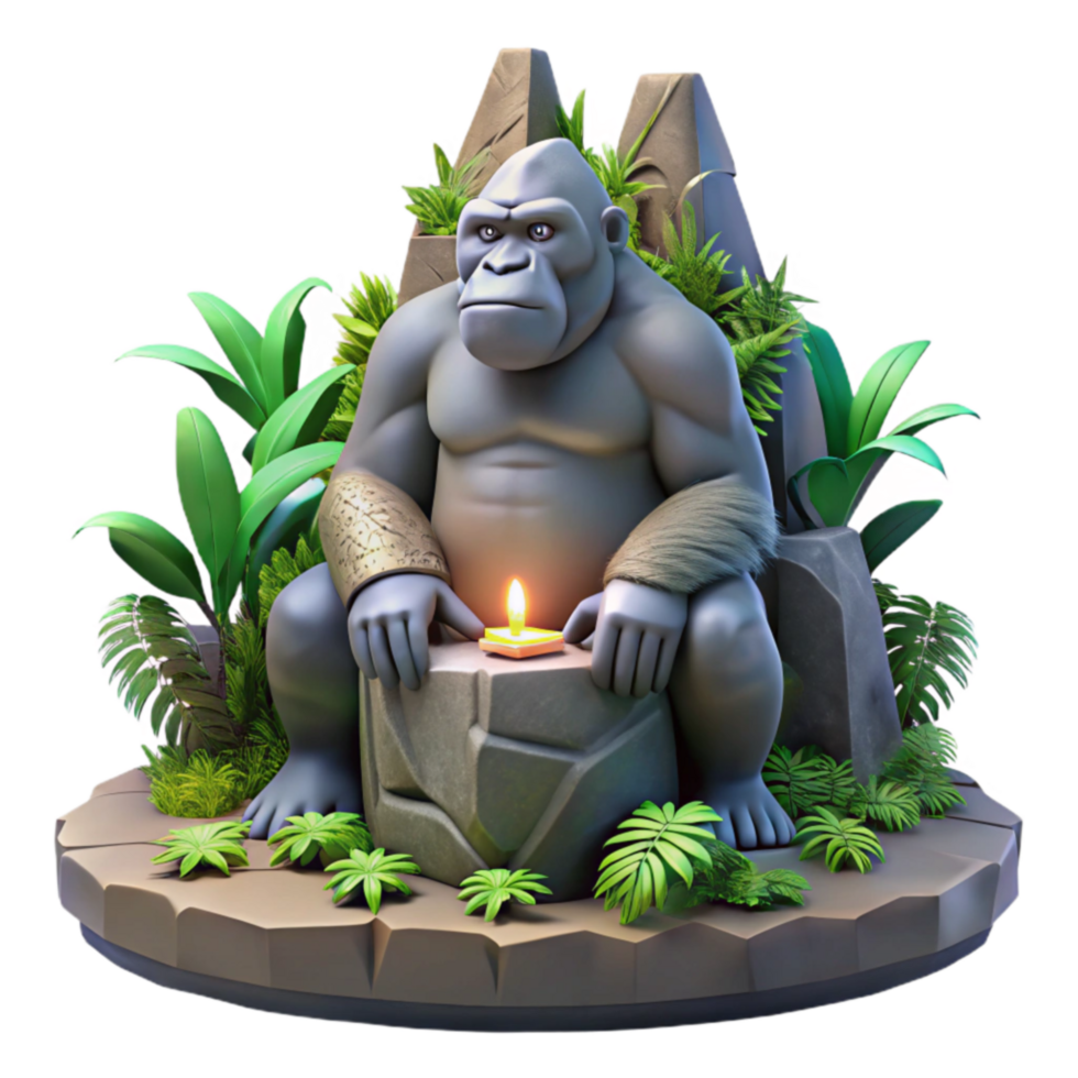 Gorilla Jungle Throne 3D Render of Ape on Stone png