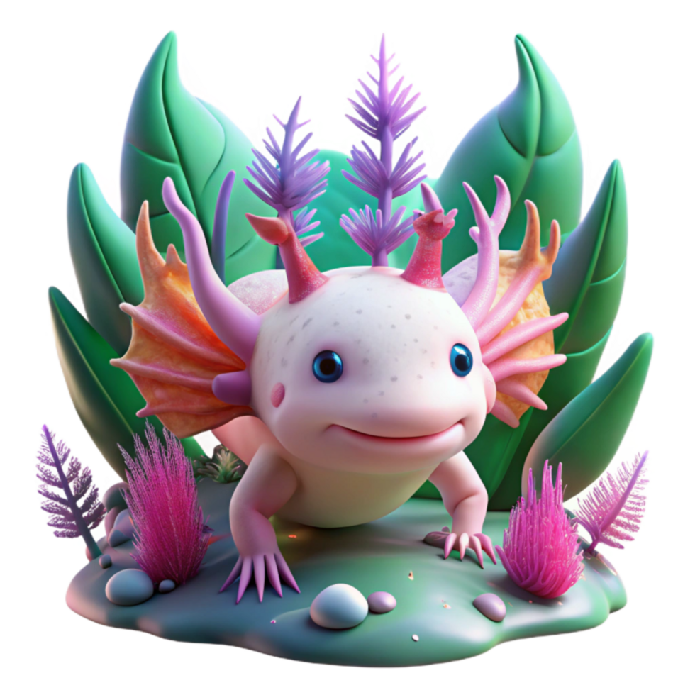 Adorable Cartoon Axolotl in Lush Garden png