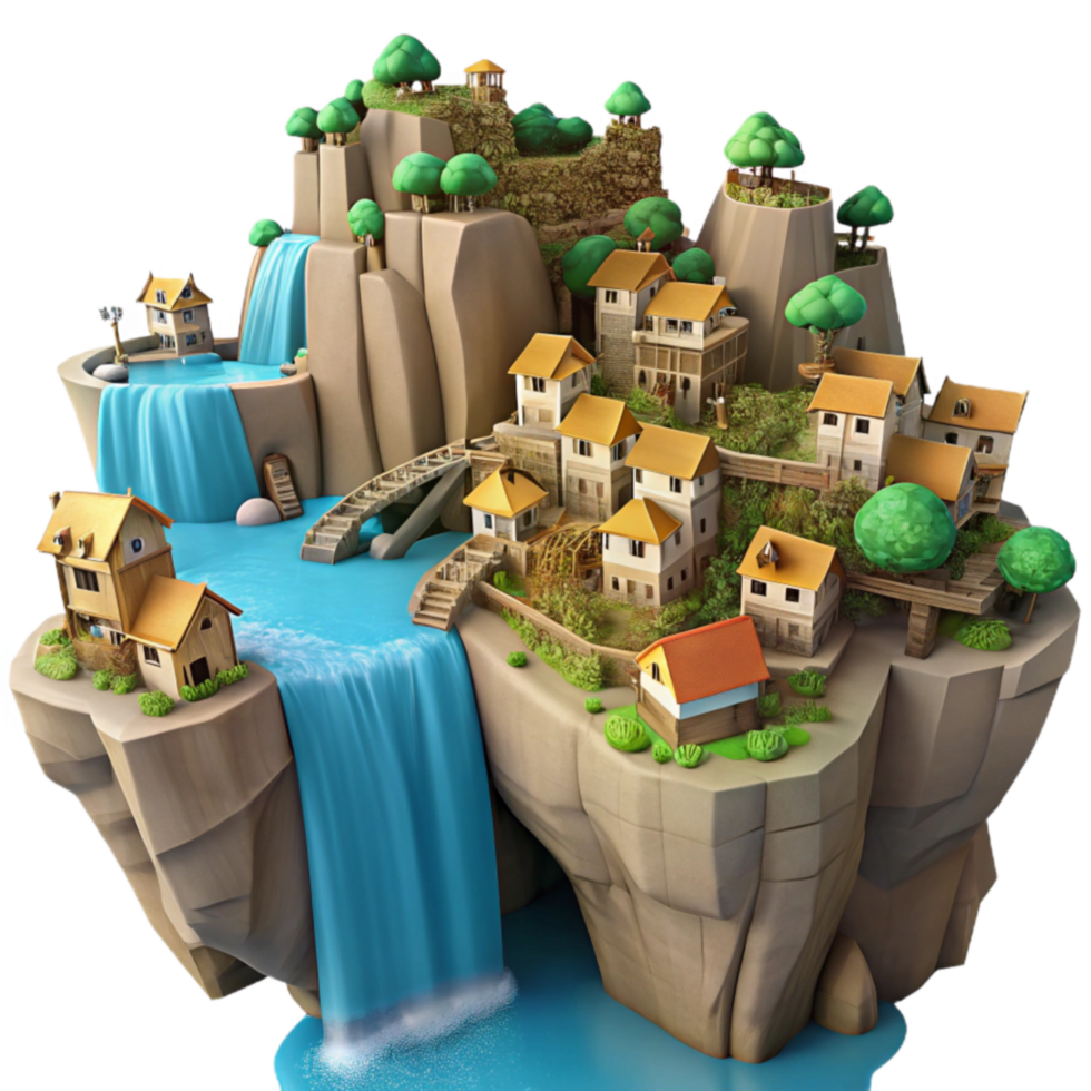 Island Village Waterfall 3D Render of a Fantasy Town png