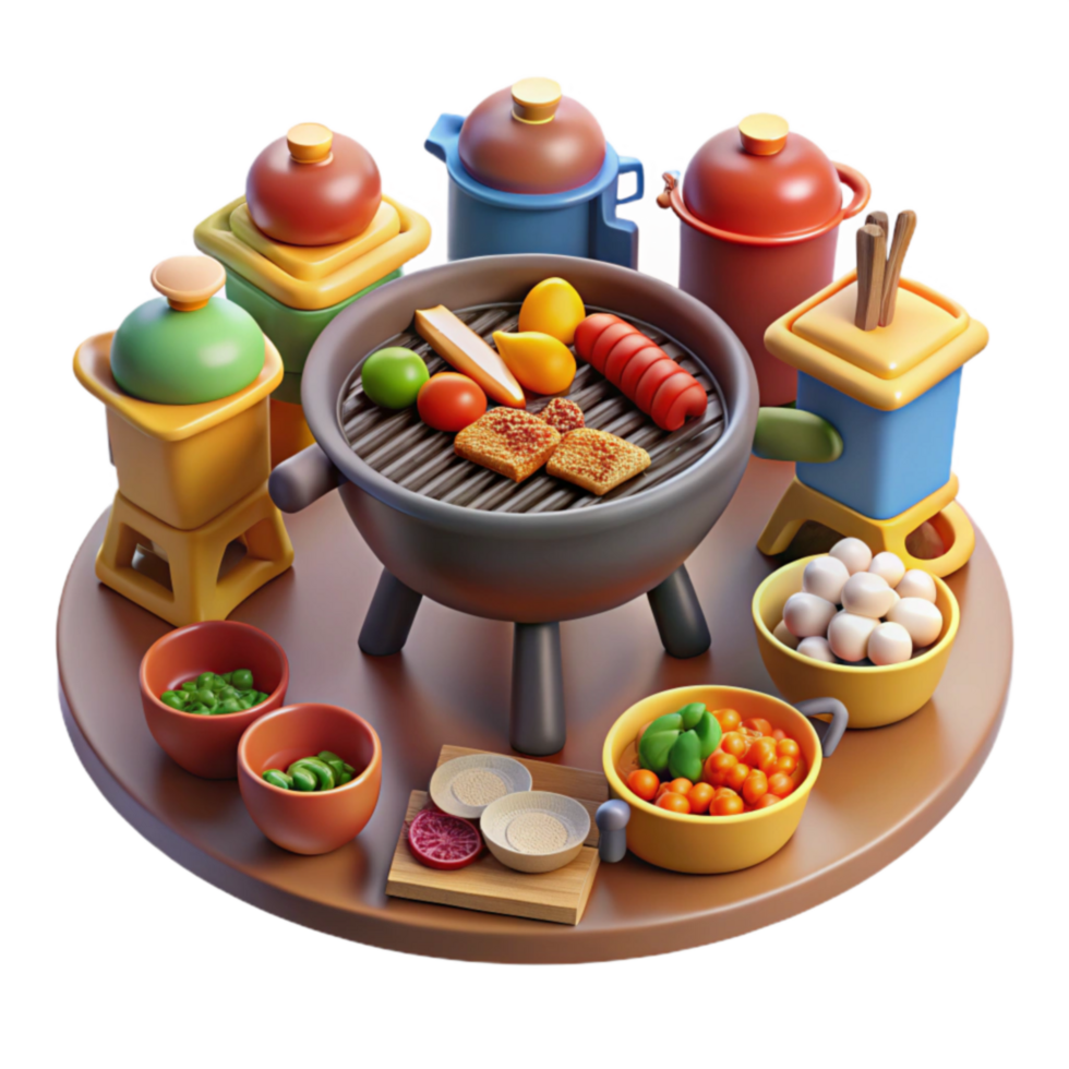 Grilling Fun A Colorful 3D Render of Food and Cooking Utensils png