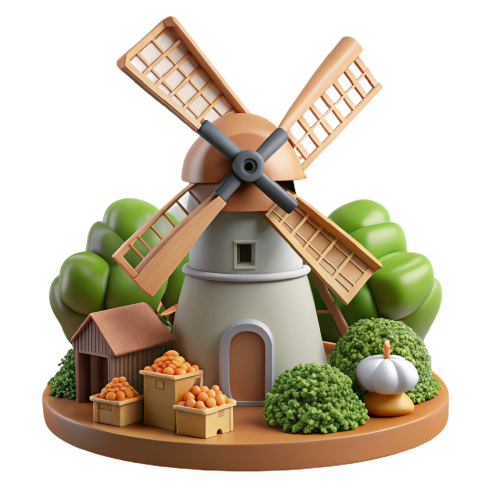 Farm Windmill Harvest Scene 3D Render png
