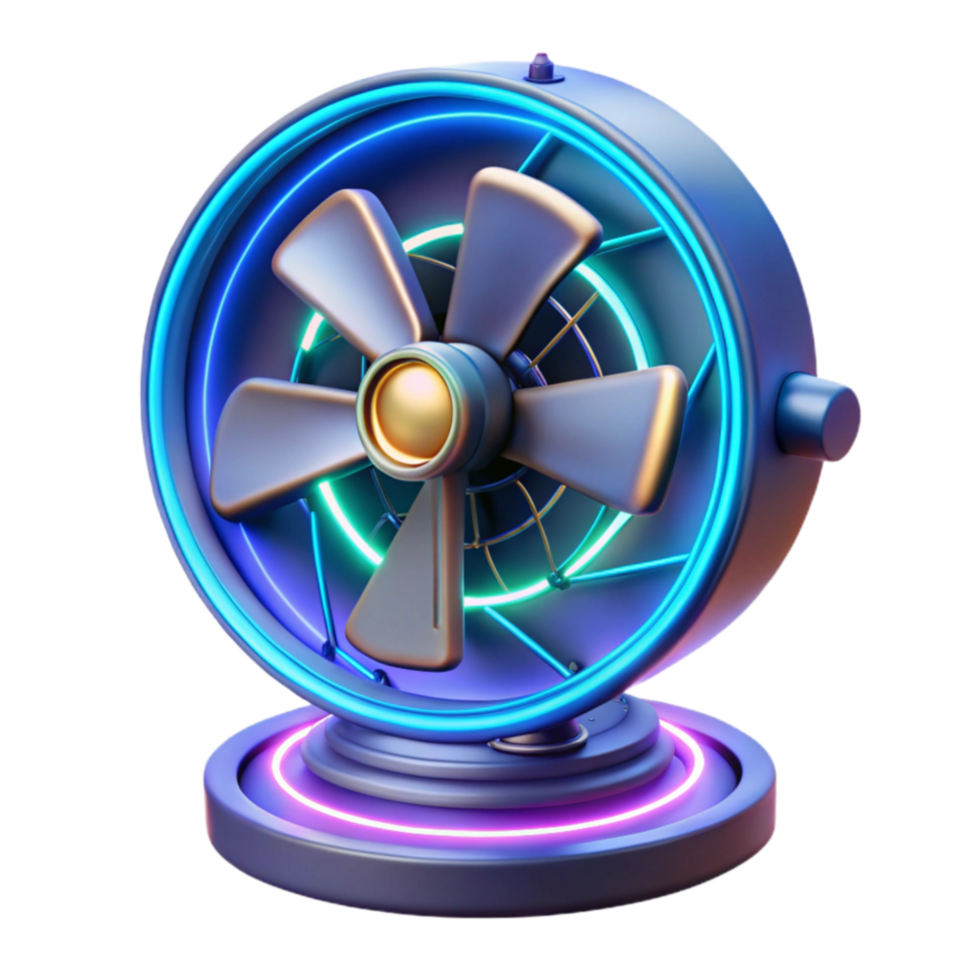 Neon Desk Fan 3D Render of Retro Cooling Device png