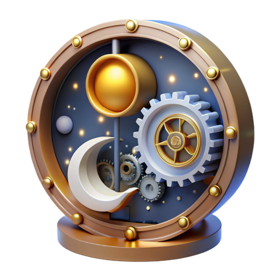 Celestial Gear Clock 3D Render of Moon, Sun, and Stars png