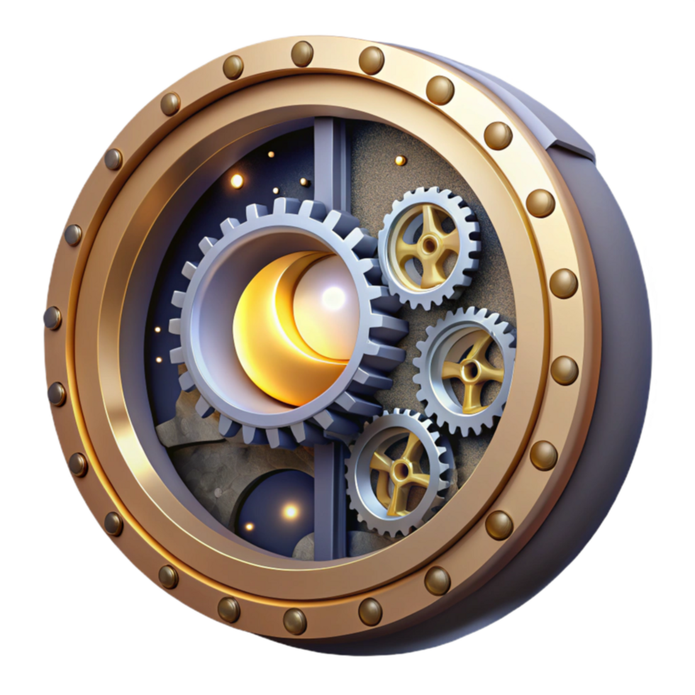 Celestial Gear Mechanism A 3D Render of Interlocking Gears and a Crescent Moon png