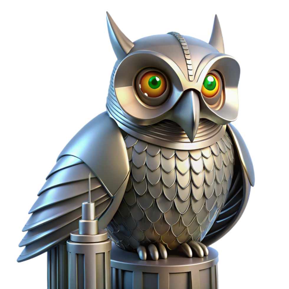 Metallic Owl Guardian Statue 3D Render png