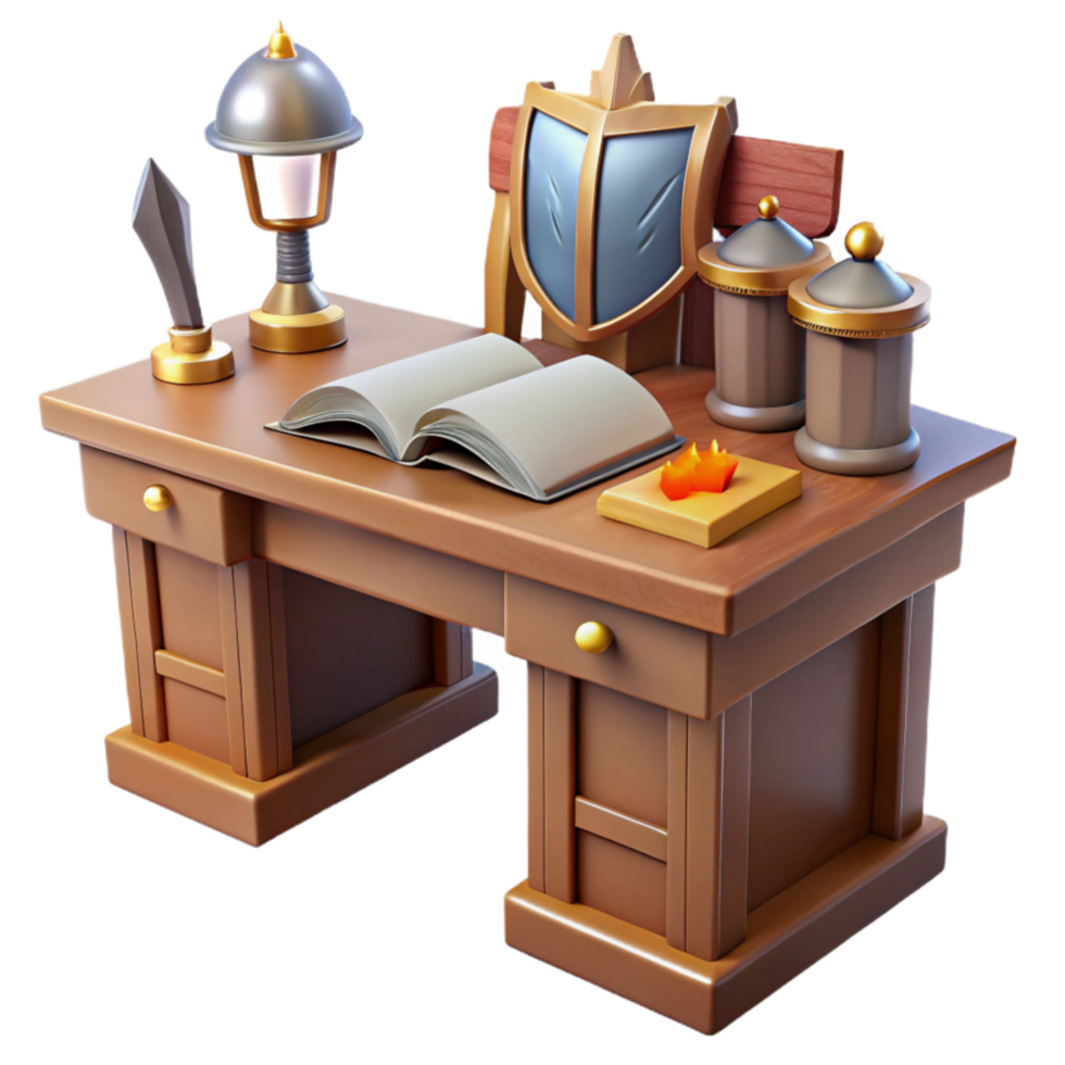 Fantasy Wooden Desk with Book, Shield, and Lamp png