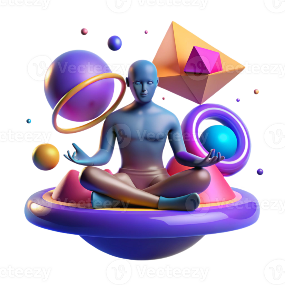 3D Render Cosmic Meditation, Abstract Shapes, Serene Figure png