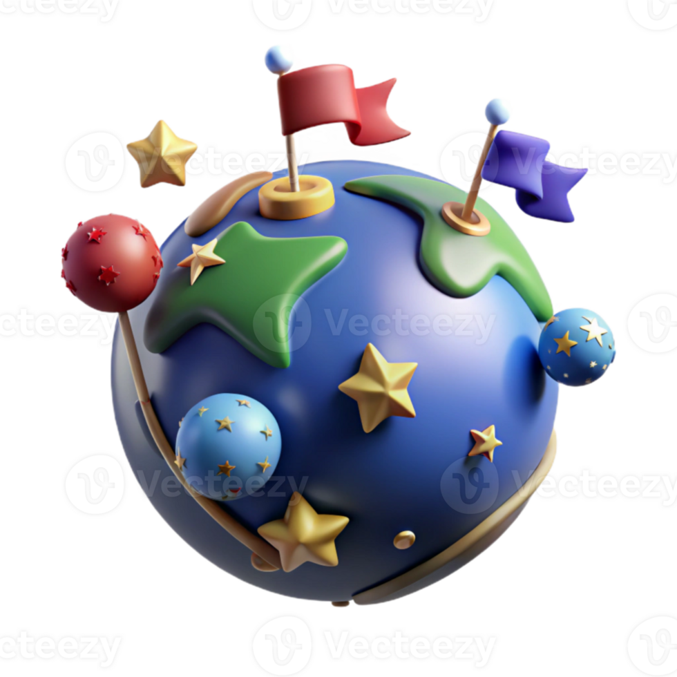 Whimsical 3D Planet Stars, Flags, and Cosmic Fun png