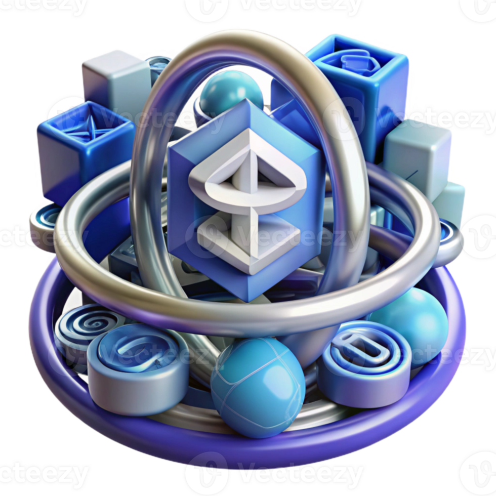 Abstract 3D Geometric Shapes Interconnected Cubes, Spheres, and Rings png