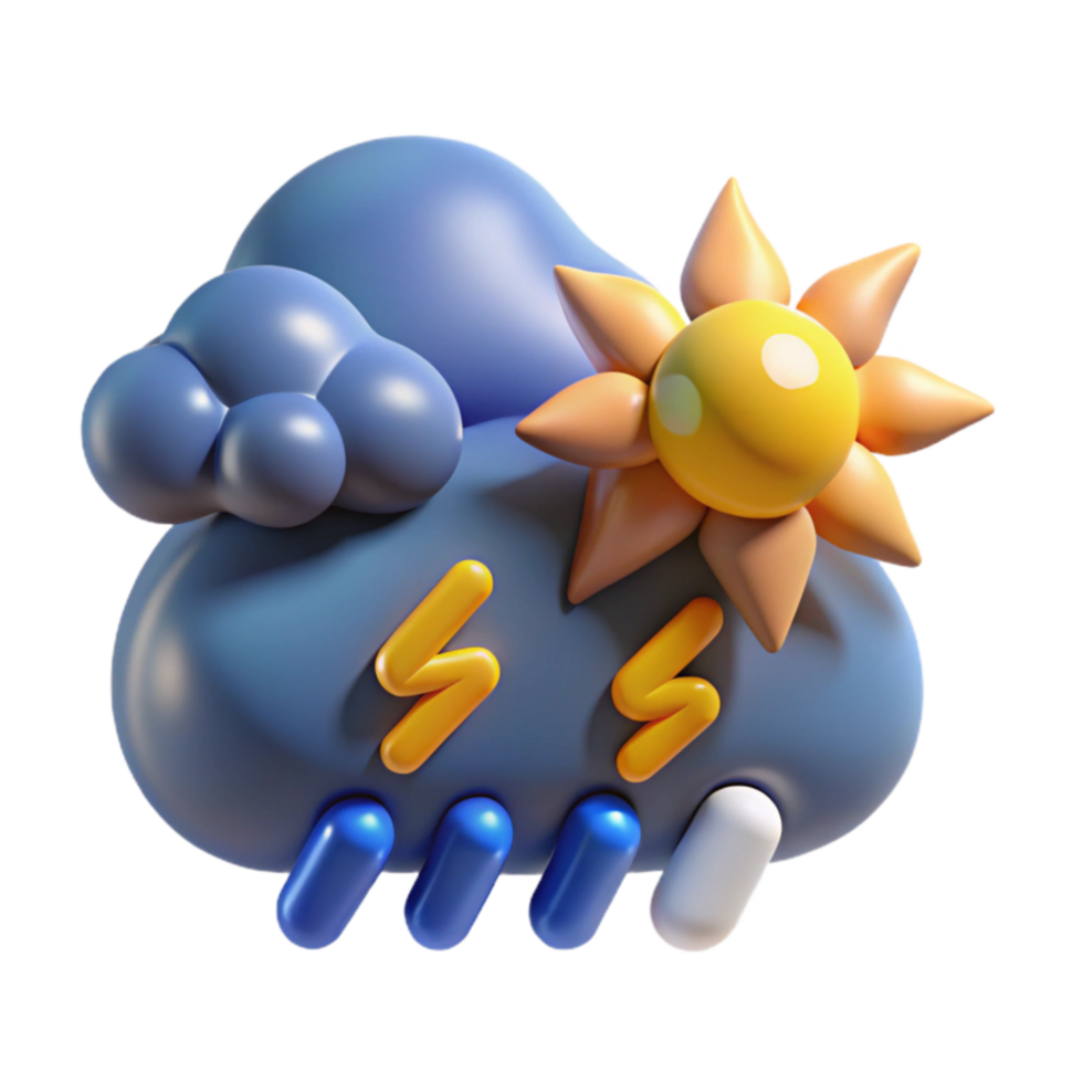 3D Sun, Cloud, Rain, and Lightning Icon png