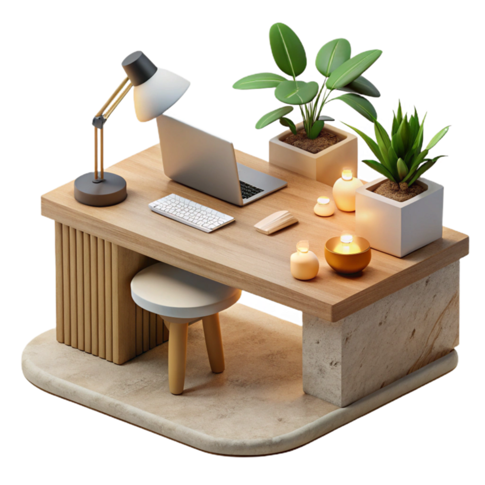 Modern Home Office Desk Setup with Plants and Lighting png