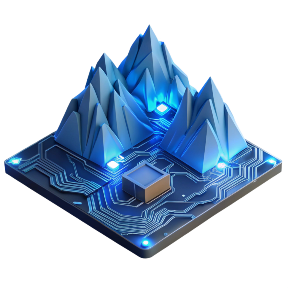 Abstract 3D Mountain Data Visualization on Circuit Board png