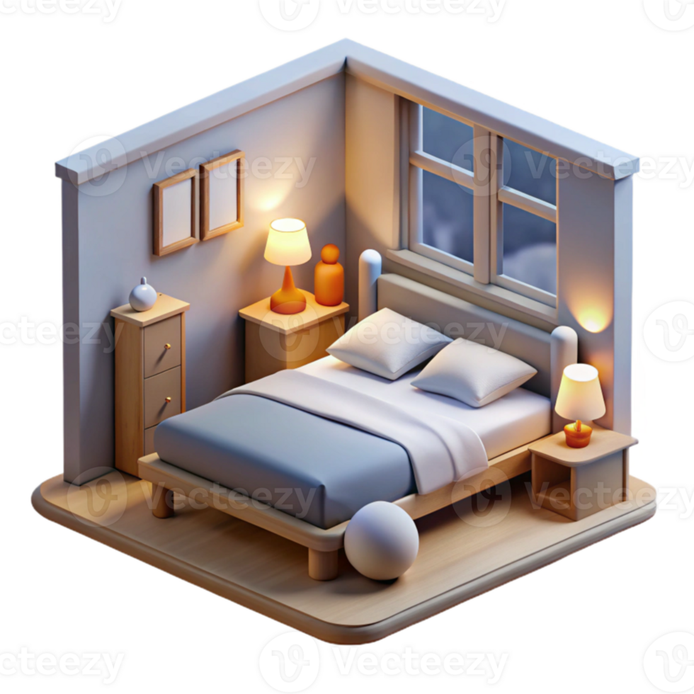 Cozy Nighttime Bedroom 3D Render of a Relaxing Space png