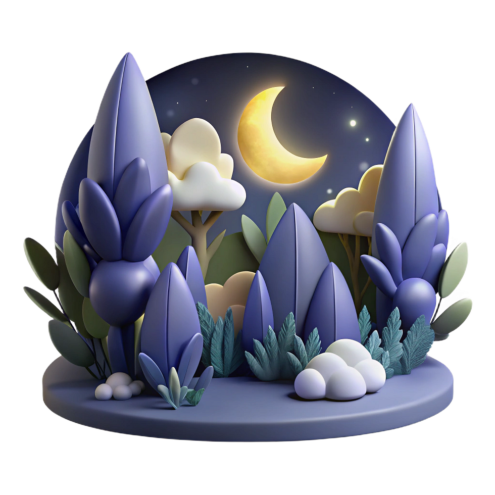 Nighttime Forest Scene 3D Render of Moonlit Landscape png