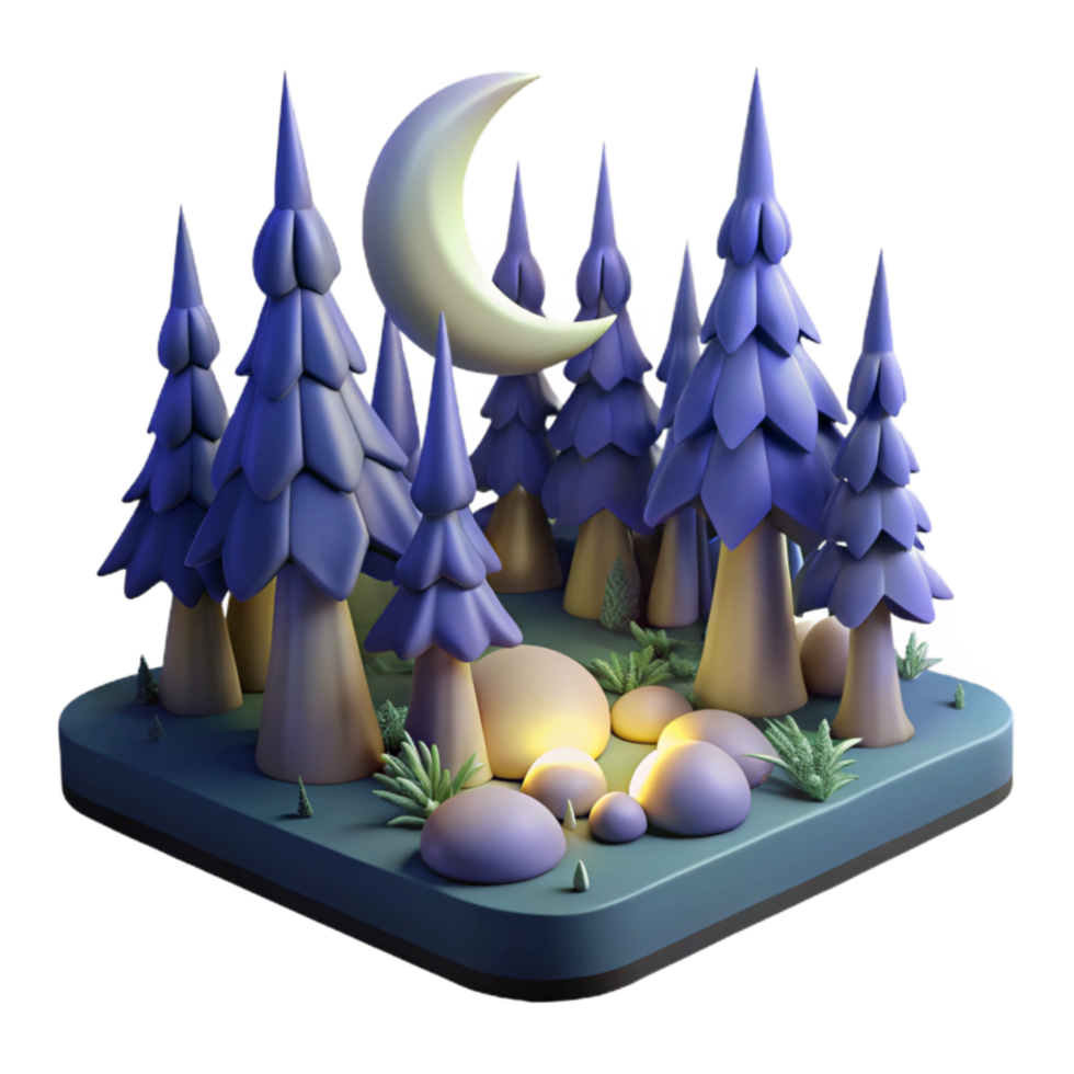 Enchanted Forest Night Scene 3D Moonlit Trees, Rocks, and Glowing Ground png