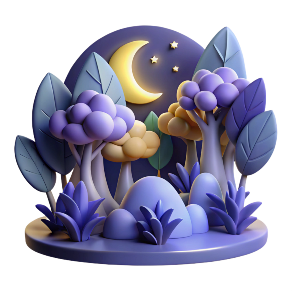 Nighttime Forest 3D Render of Moonlit Trees and Plants png