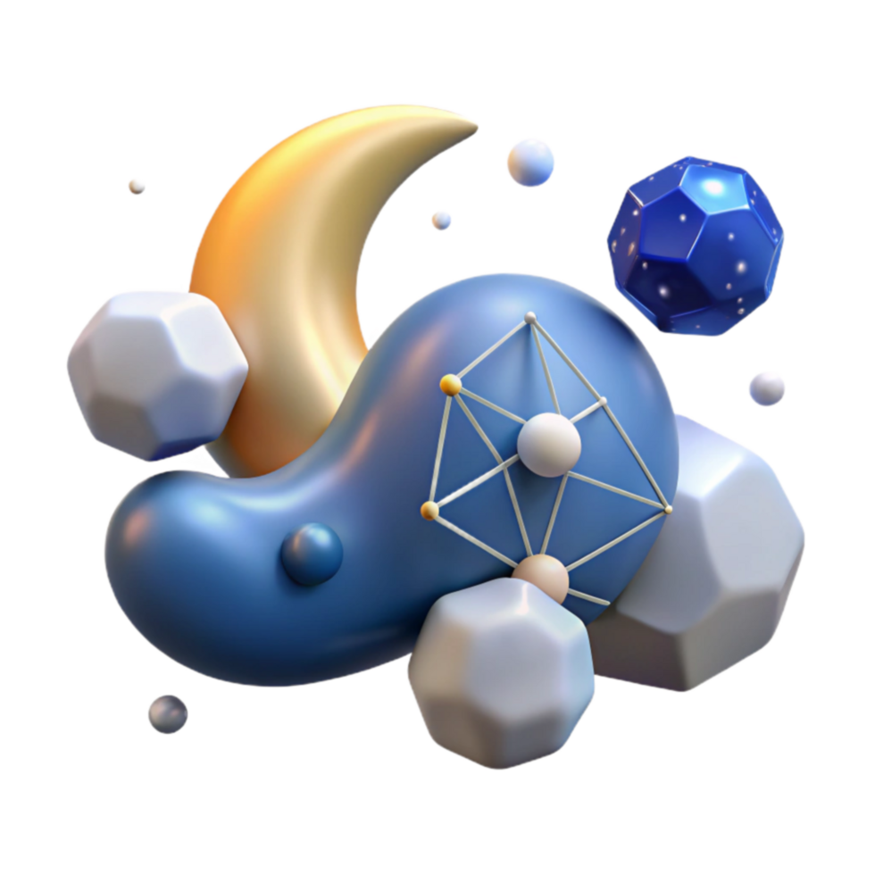 Abstract Celestial Forms 3D Render of Moon, Geometric Shapes, and Space Elements png