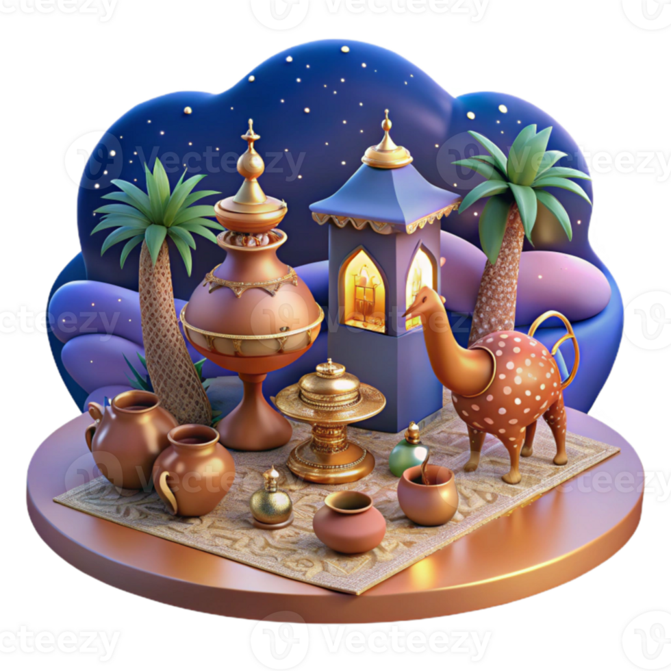 Night Scene with Arabian Decor and Camel Figurine png