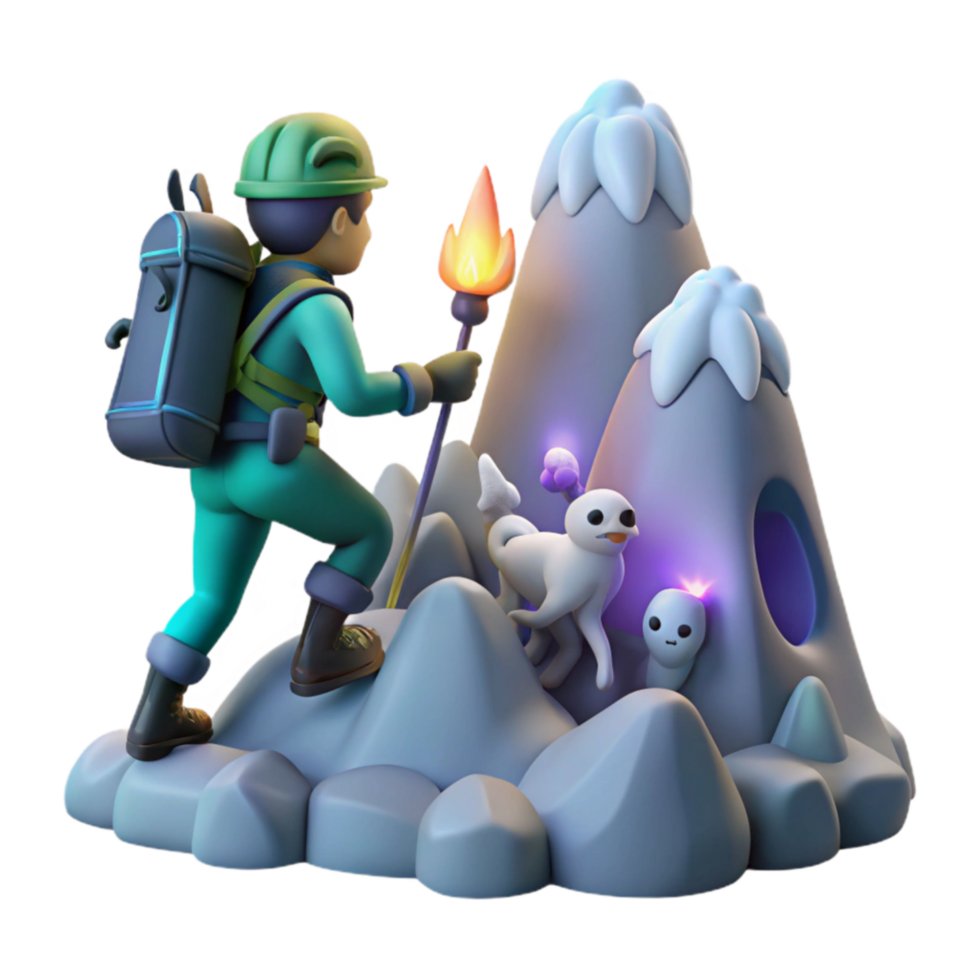 3D Render Adventurer Exploring Mysterious Mountain Cave png