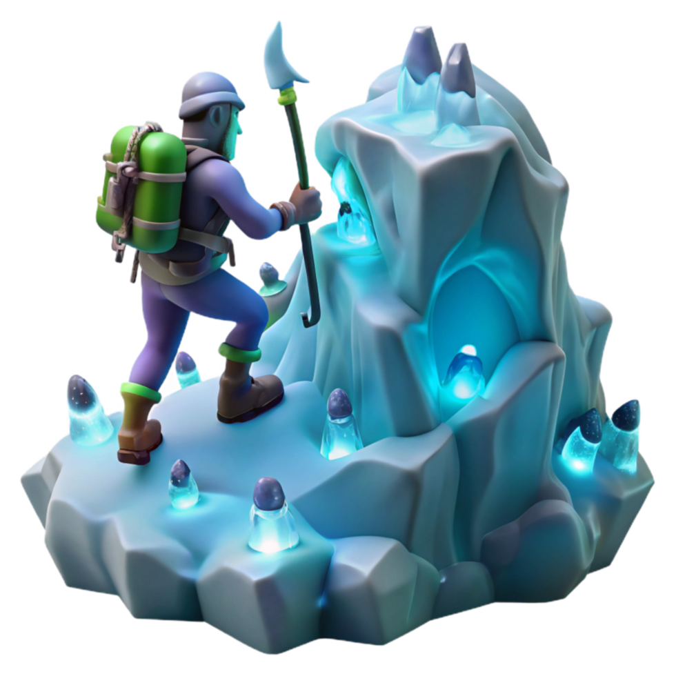 Ice Cave Adventure 3D Render of Climber Discovering Glowing Crystals png