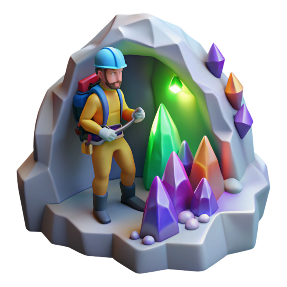 Miner Exploring Crystal Cave 3D Render png