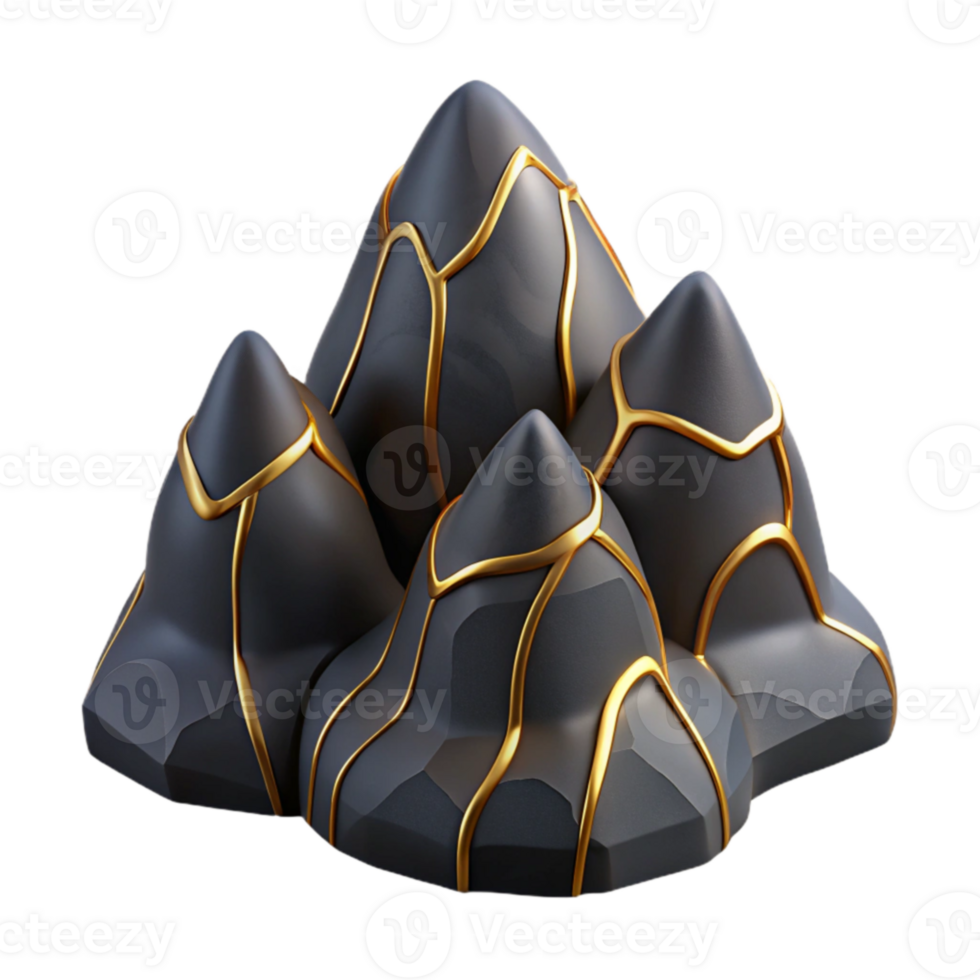 Abstract Gold Veined Black Mountains 3D Render png