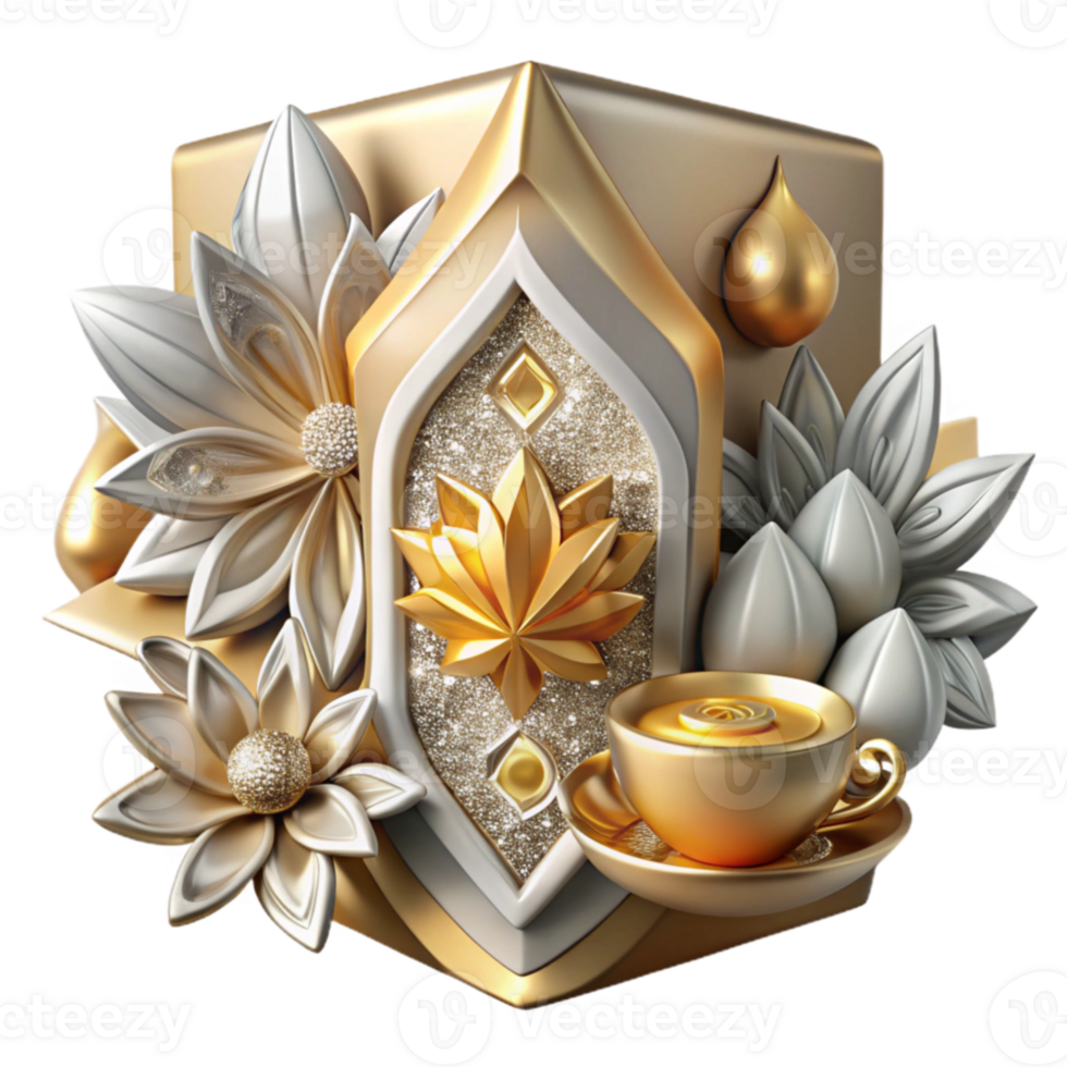 Golden Lotus Tea Ceremony 3D Render of Elegant Floral Design png