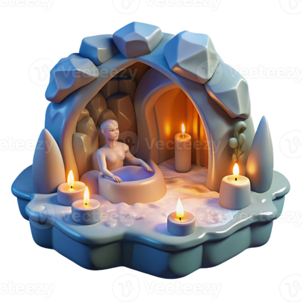 Serene Cave Hot Spring Relaxation 3D Render png