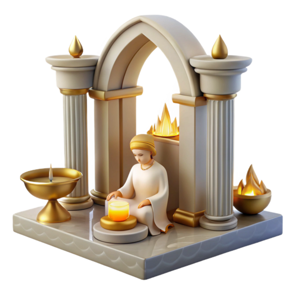 Serene Figure with Candles and Flames in Architectural Setting png