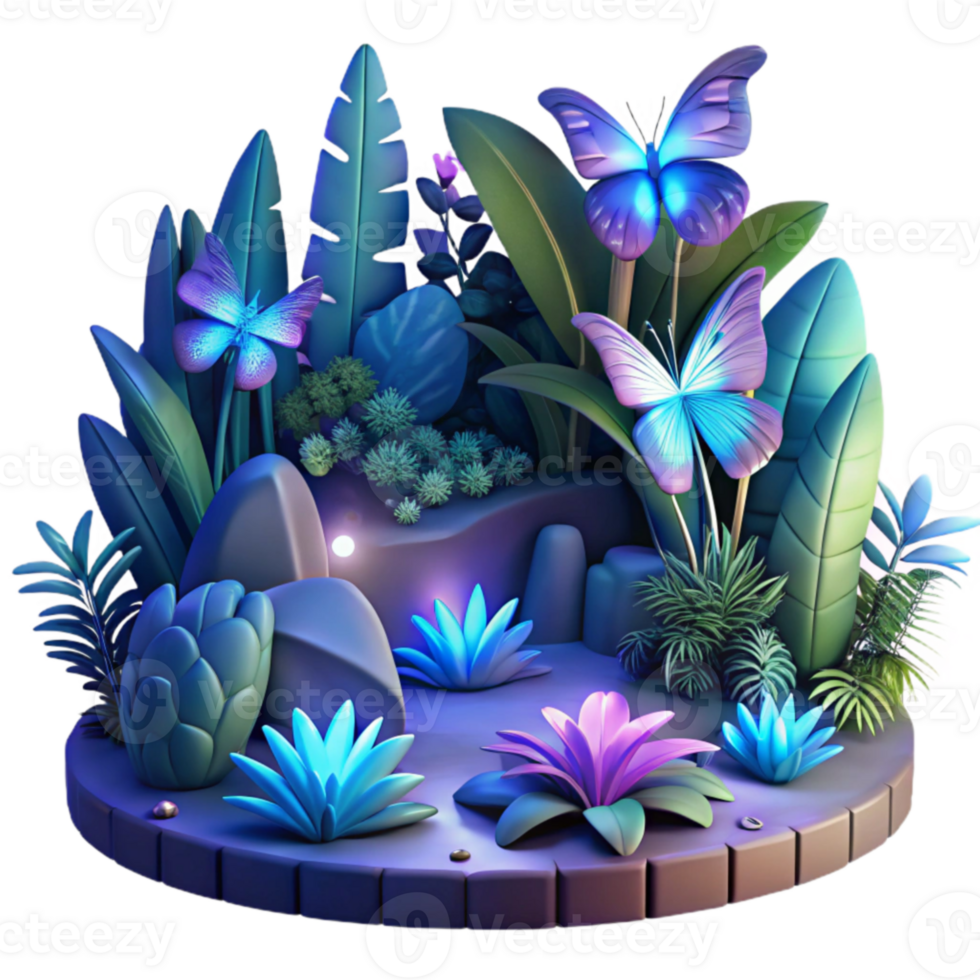 Enchanted Butterfly Garden 3D Render of Night Bloom png