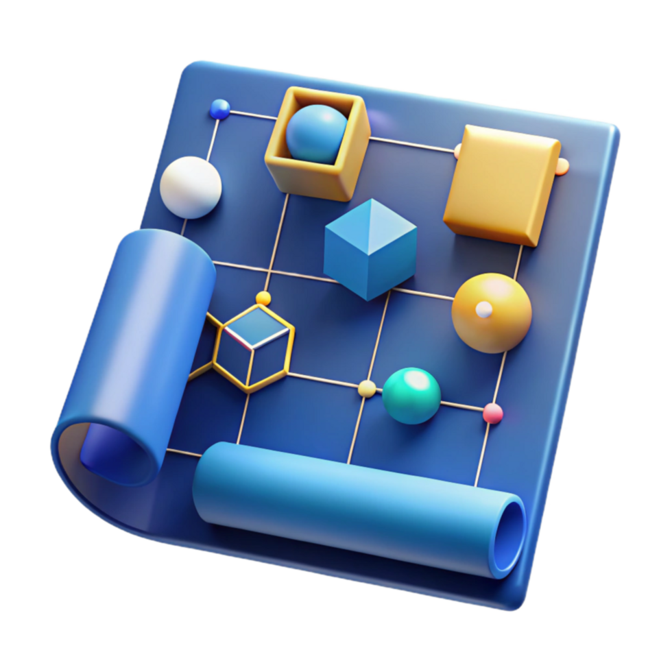 Abstract 3D Shapes Geometric Design on Blue Grid png