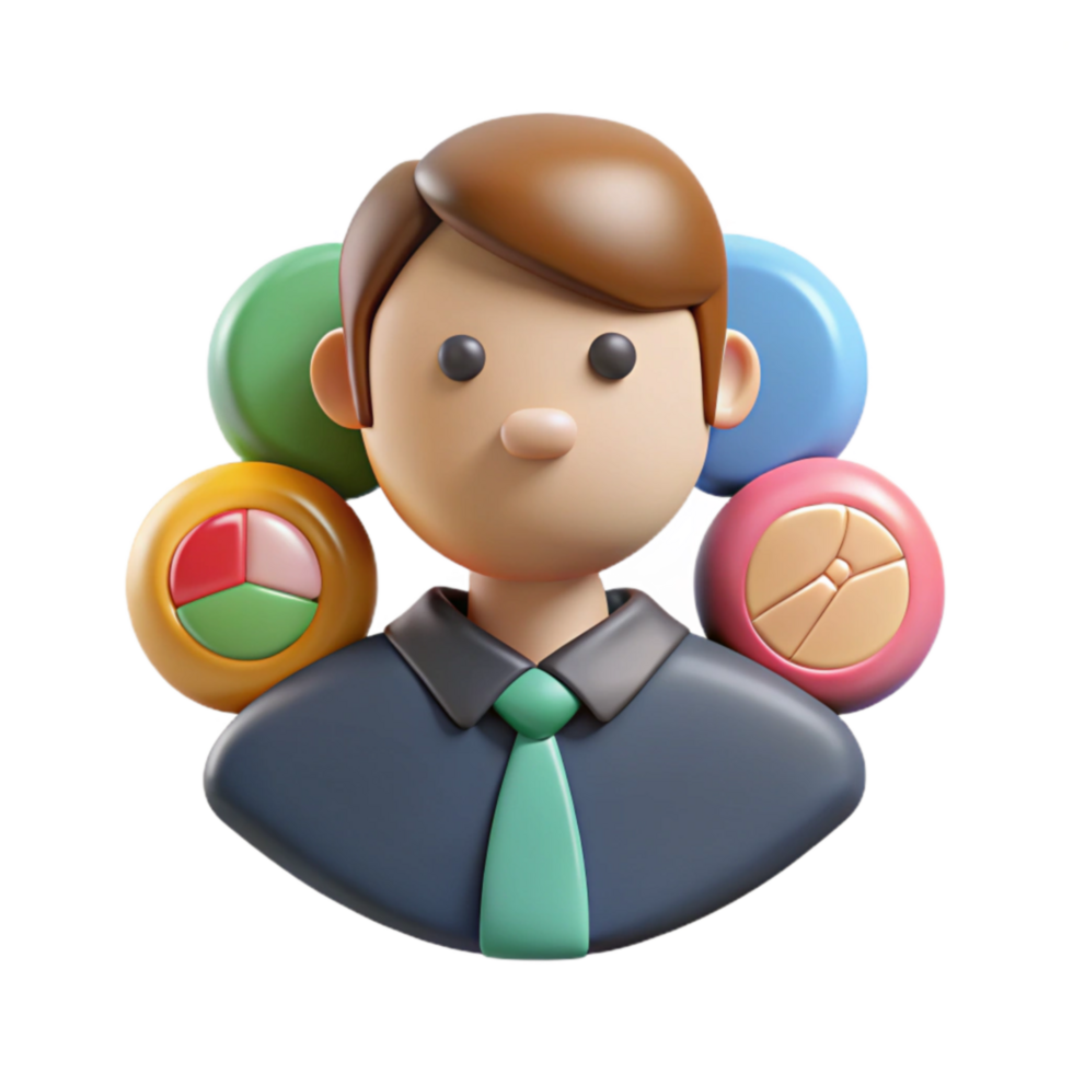 3D Avatar Businessperson with Data Analysis Icons png