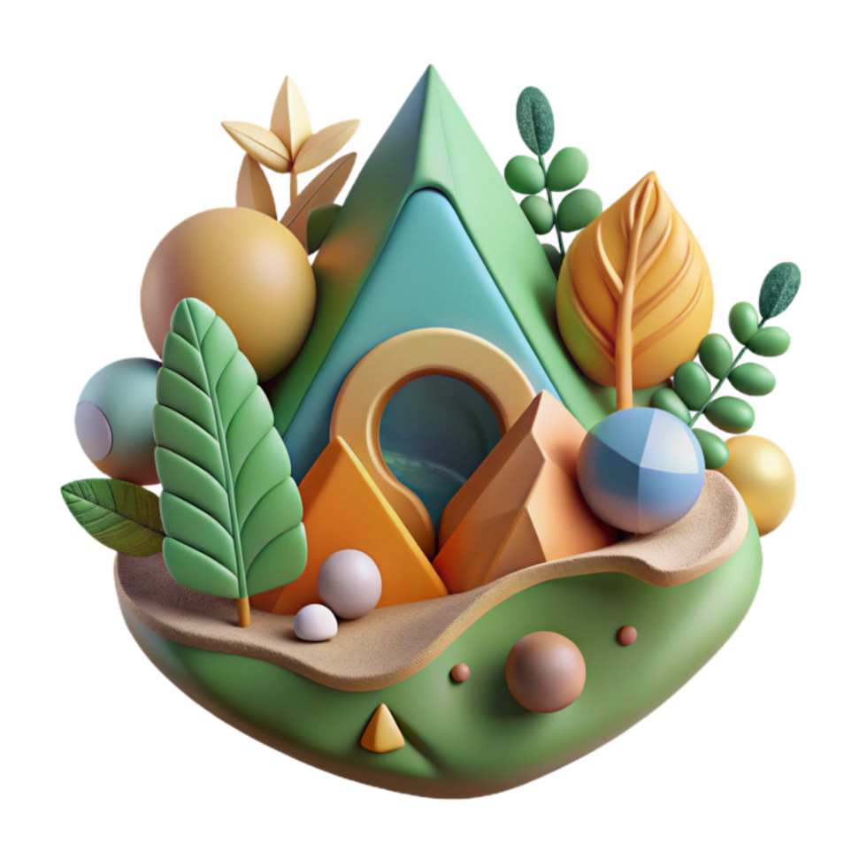 Abstract 3D Nature Scene Geometric Forms, Leaves, and Spheres png