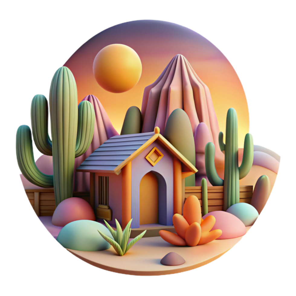 Sunset Desert House 3D Render of a Cozy Home png