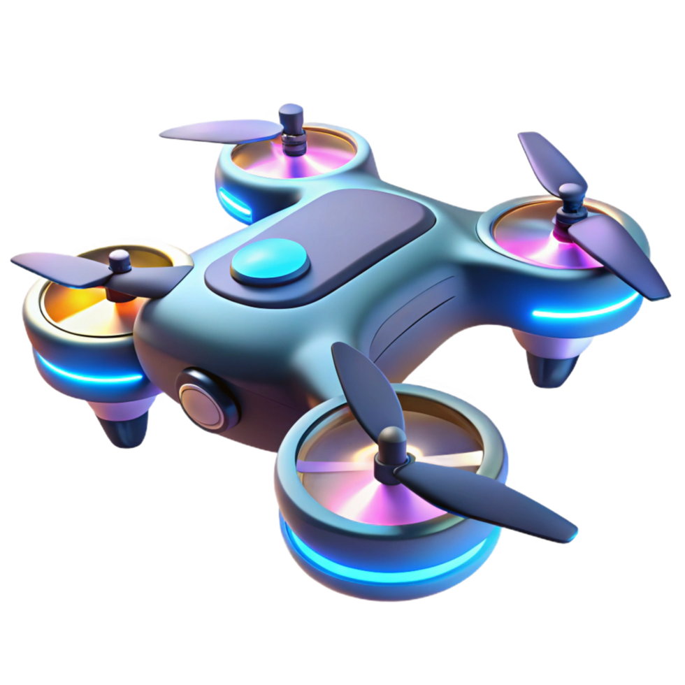 Futuristic Drone Design Illuminated Quadcopter with Advanced Propellers png