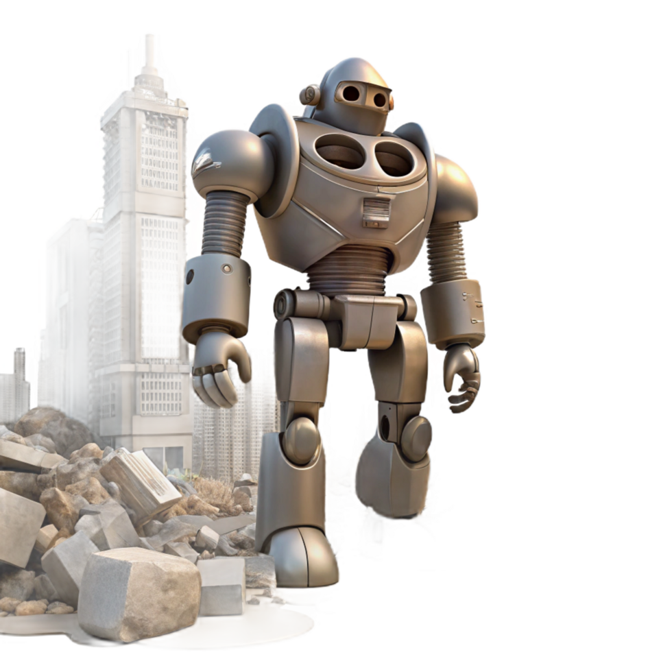 Giant Robot Amidst Urban Demolition A Post-Apocalyptic Scene png