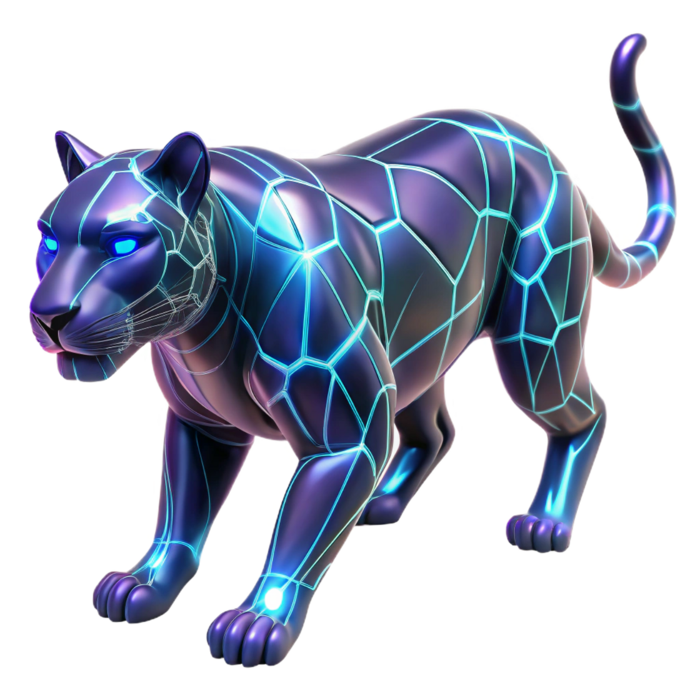 Cybernetic Big Cat Geometric Design, Illuminated Lines, 3D Render png