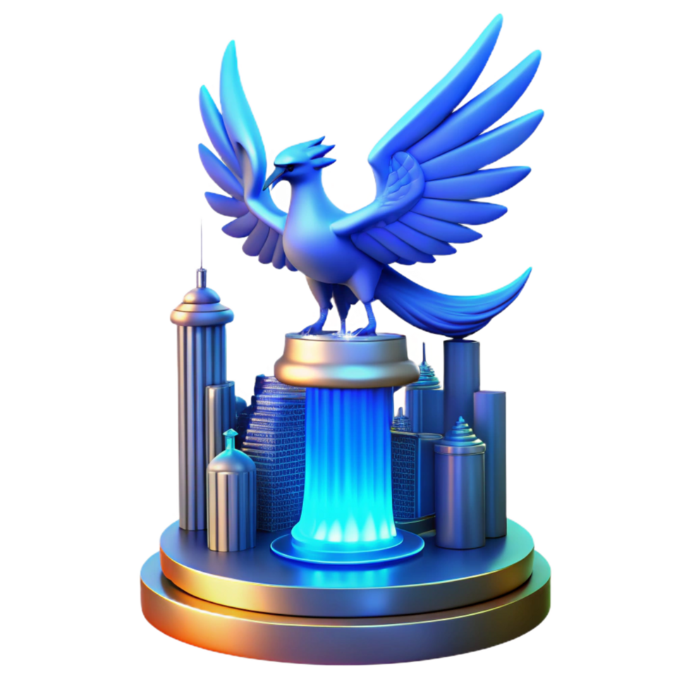 Majestic Blue Bird Monument in a Futuristic Cityscape png